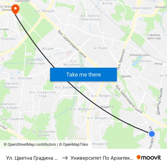 Ул. Цветна Градина / Tsvetna Gradina St. (2256) to Университет По Архитектура, Строителство И Геодезия map