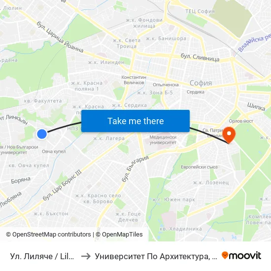 Ул. Лиляче / Lilyache St. (2030) to Университет По Архитектура, Строителство И Геодезия map