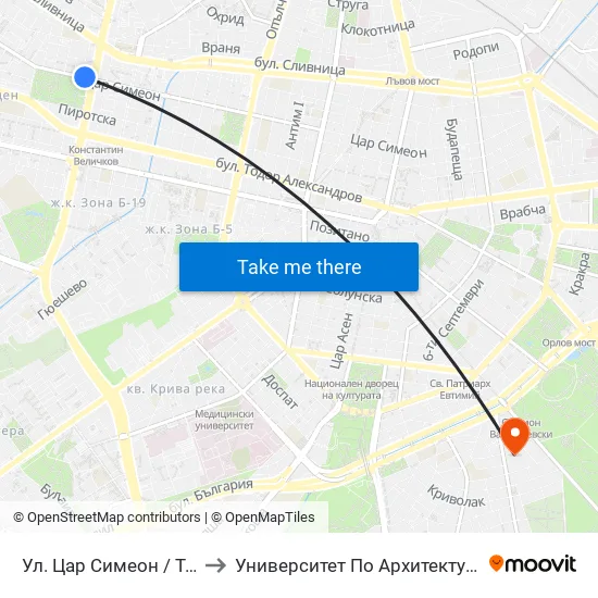 Ул. Цар Симеон / Tsar Simeon St. (2248) to Университет По Архитектура, Строителство И Геодезия map