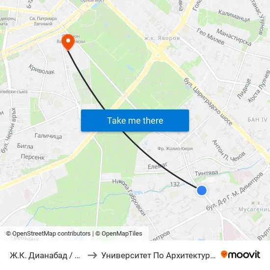 Ж.К. Дианабад / Dianabad Qr. (0627) to Университет По Архитектура, Строителство И Геодезия map
