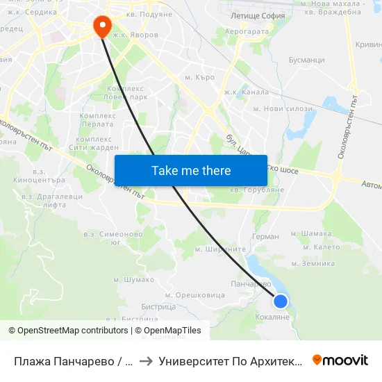 👋 Плажа Панчарево / Pancharevo Beach (1335) to Университет По Архитектура, Строителство И Геодезия map