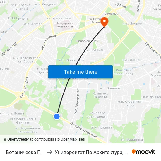 🌵 Ботаническа Градина / Botanical Garden (2685) to Университет По Архитектура, Строителство И Геодезия map