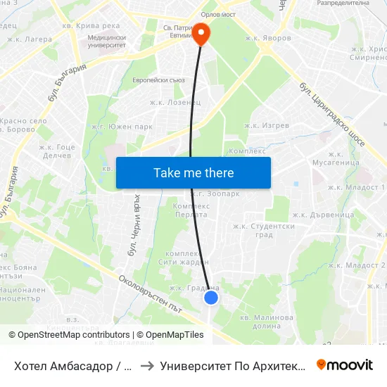 Хотел Амбасадор / Ambassador Hotel (0659) to Университет По Архитектура, Строителство И Геодезия map