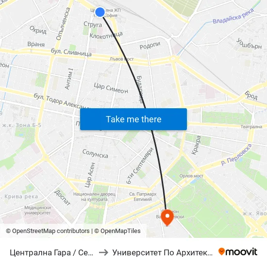 Ⓜ️ Централна Гара / Central Railway Station (1332) to Университет По Архитектура, Строителство И Геодезия map