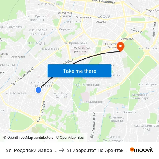 Ул. Родопски Извор / Rodopski Izvor St. (2731) to Университет По Архитектура, Строителство И Геодезия map