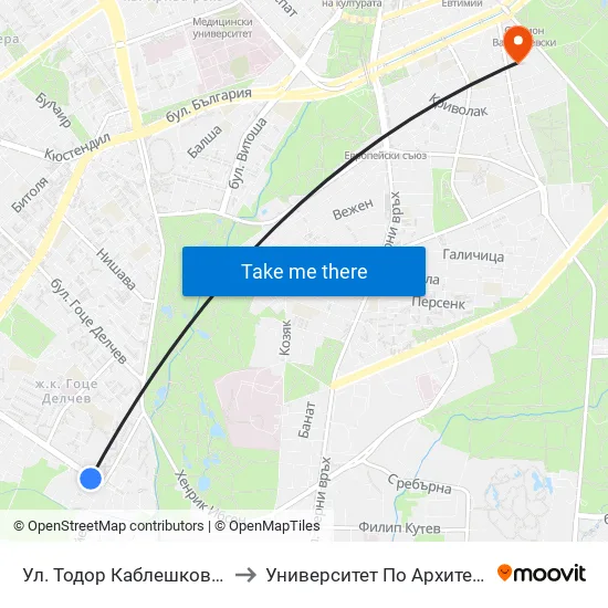 Ул. Тодор Каблешков / Todor Kableshkov St. (0598) to Университет По Архитектура, Строителство И Геодезия map