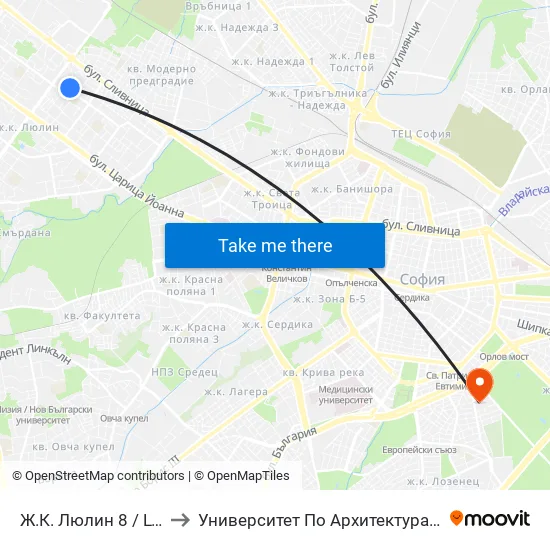Ж.К. Люлин 8 / Lyulin 8 Qr. (2397) to Университет По Архитектура, Строителство И Геодезия map