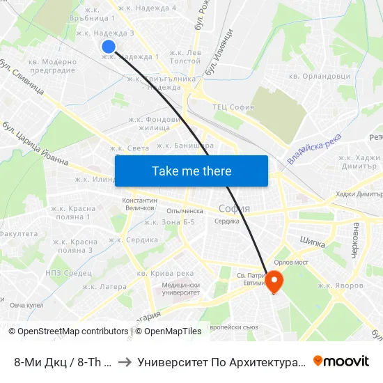 8-Ми Дкц / 8-Th Polyclinic (0043) to Университет По Архитектура, Строителство И Геодезия map