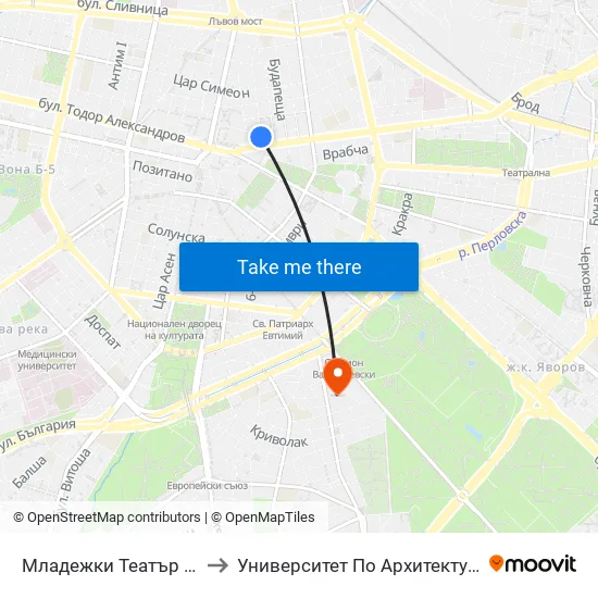 Младежки Театър / Youth Theatre (1073) to Университет По Архитектура, Строителство И Геодезия map