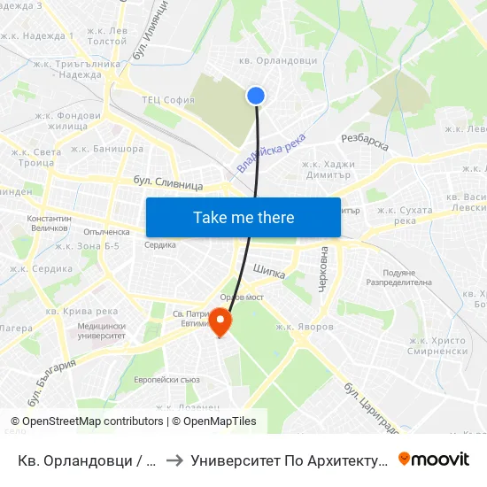 Кв. Орландовци / Orlandovtsi Qr. (0884) to Университет По Архитектура, Строителство И Геодезия map