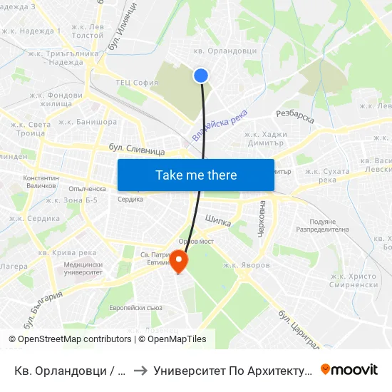 Кв. Орландовци / Orlandovtsi Qr. (0883) to Университет По Архитектура, Строителство И Геодезия map