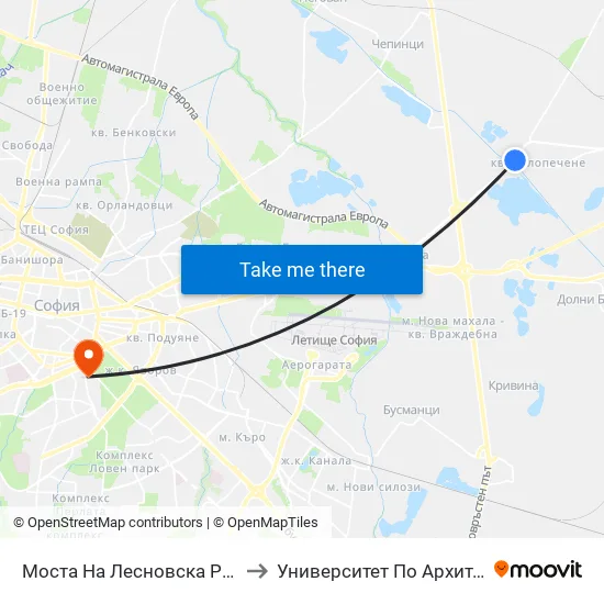Моста На Лесновска Река / Lesnovska River Bridge (1690) to Университет По Архитектура, Строителство И Геодезия map