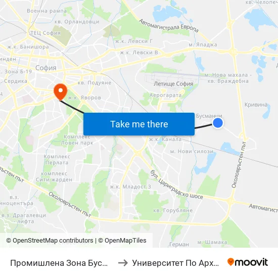 Промишлена Зона Бусманци / Industrial Zone Busmantsi (1640) to Университет По Архитектура, Строителство И Геодезия map