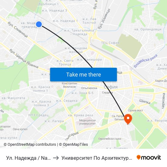 Ул. Надежда / Nadezhda St. (2051) to Университет По Архитектура, Строителство И Геодезия map