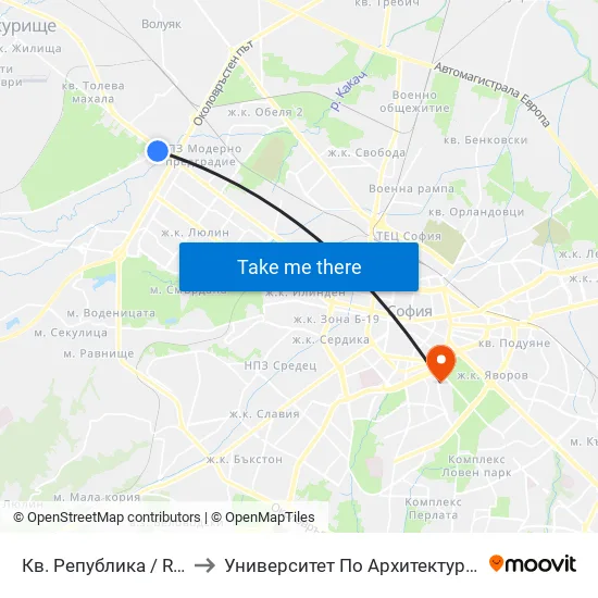 Кв. Република / Republika Qr. (0896) to Университет По Архитектура, Строителство И Геодезия map