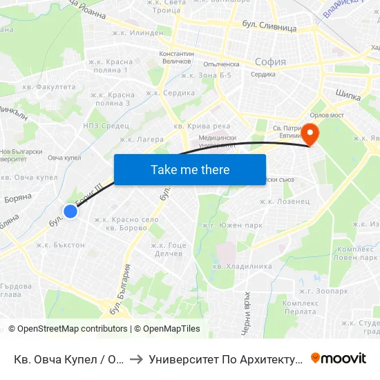 Кв. Овча Купел / Ovcha Kupel Qr. (0879) to Университет По Архитектура, Строителство И Геодезия map
