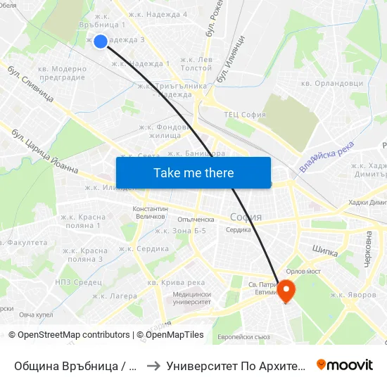 Община Връбница / Vrabnitsa Municipality (0676) to Университет По Архитектура, Строителство И Геодезия map