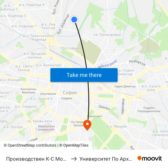 Производствен К-С Москва / Moskva Industrial Complex (0537) to Университет По Архитектура, Строителство И Геодезия map