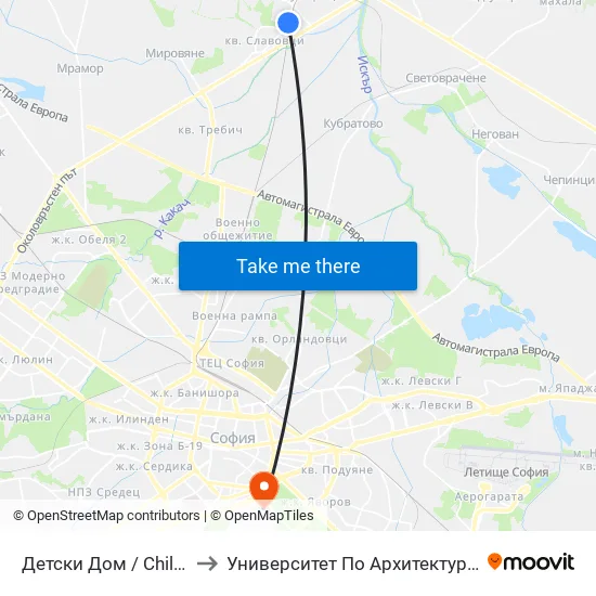 Детски Дом / Children’S Home (0529) to Университет По Архитектура, Строителство И Геодезия map