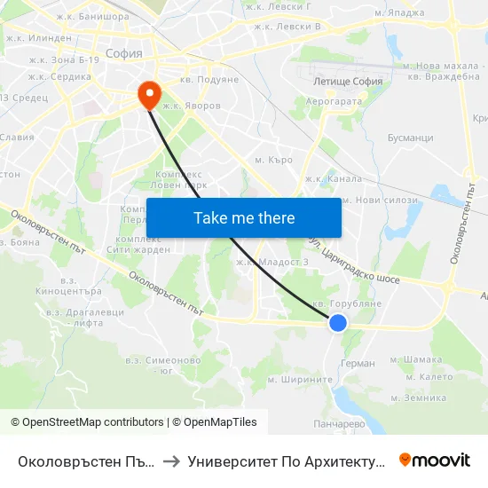 Околовръстен Път / Ring Road (1174) to Университет По Архитектура, Строителство И Геодезия map