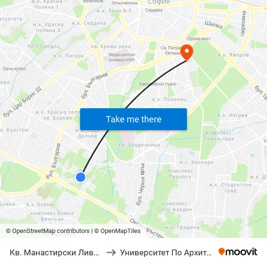 Кв. Манастирски Ливади / Manastirski Livadi Qr. (0867) to Университет По Архитектура, Строителство И Геодезия map