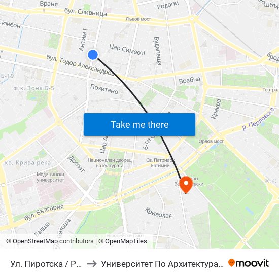 Ул. Пиротска / Pirotska St. (2112) to Университет По Архитектура, Строителство И Геодезия map