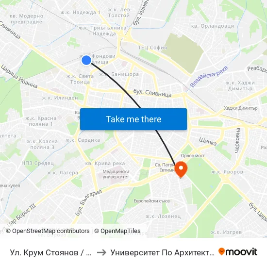 Ул. Крум Стоянов / Krum Stoyanov St. (2015) to Университет По Архитектура, Строителство И Геодезия map