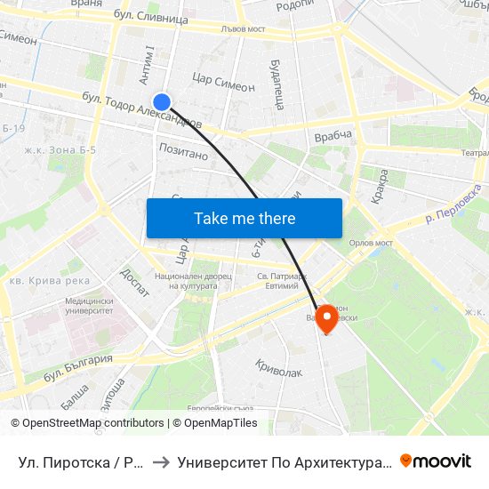 Ул. Пиротска / Pirotska St. (2113) to Университет По Архитектура, Строителство И Геодезия map