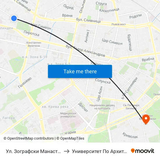 Ул. Зографски Манастир / Zografski Manastir St. (1949) to Университет По Архитектура, Строителство И Геодезия map
