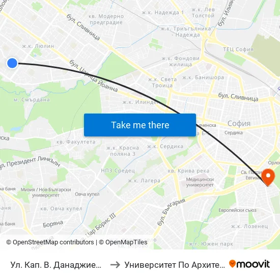 Ул. Кап. В. Данаджиев / Capt. V. Danadzhiev St. (1981) to Университет По Архитектура, Строителство И Геодезия map
