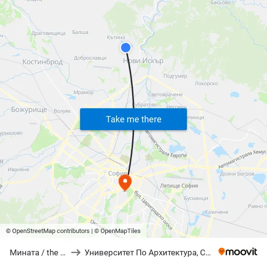 Мината / the Mine (1069) to Университет По Архитектура, Строителство И Геодезия map