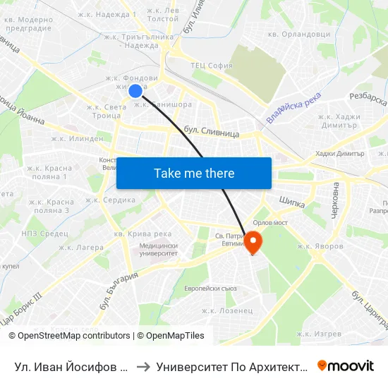 Ул. Иван Йосифов / Ivan Yosifov St. (1950) to Университет По Архитектура, Строителство И Геодезия map