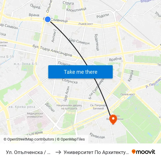 Ул. Опълченска / Opalchenska St. (2081) to Университет По Архитектура, Строителство И Геодезия map