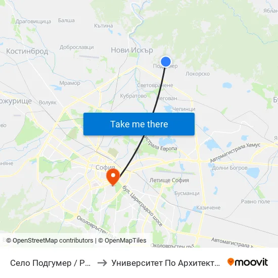 Село Подгумер / Podgumer Village (2183) to Университет По Архитектура, Строителство И Геодезия map