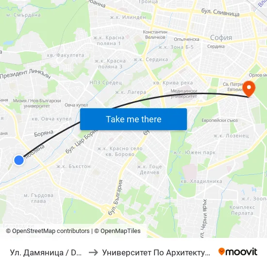 Ул. Дамяница / Damyanitsa St. (1922) to Университет По Архитектура, Строителство И Геодезия map
