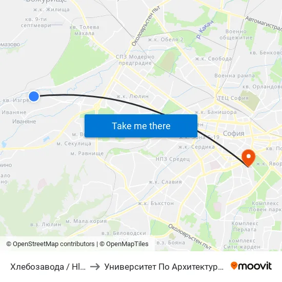 Хлебозавода / Hlebozavoda (2317) to Университет По Архитектура, Строителство И Геодезия map