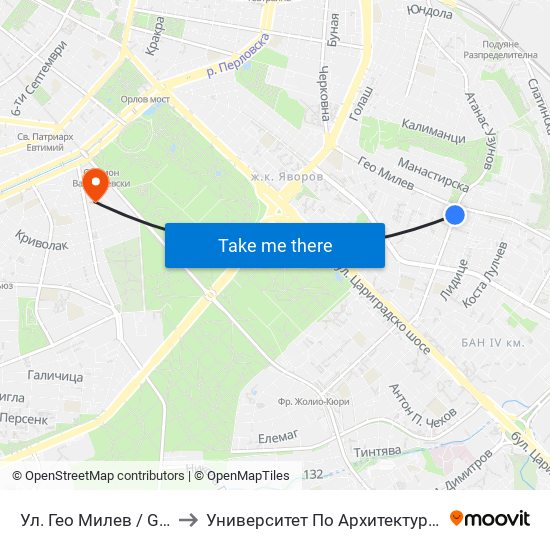 Ул. Гео Милев / Geo Milev St. (1904) to Университет По Архитектура, Строителство И Геодезия map