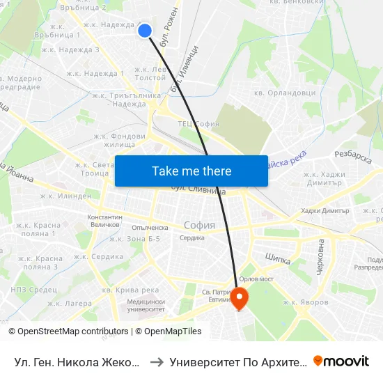 Ул. Ген. Никола Жеков / Gen. Nikola Zhekov St. (2574) to Университет По Архитектура, Строителство И Геодезия map