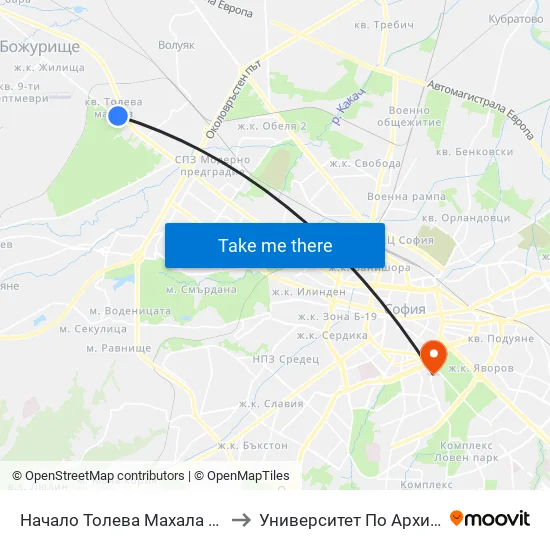 Начало Толева Махала / Entry To Toleva Neighbourhood (2501) to Университет По Архитектура, Строителство И Геодезия map