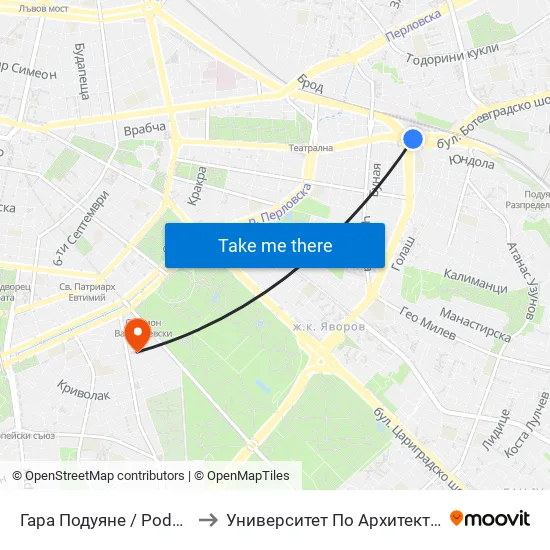 Гара Подуяне / Poduyane Train Station (0472) to Университет По Архитектура, Строителство И Геодезия map