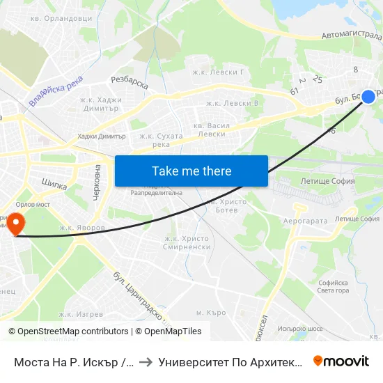Моста На Р. Искър / Iskar River Bridge (1097) to Университет По Архитектура, Строителство И Геодезия map