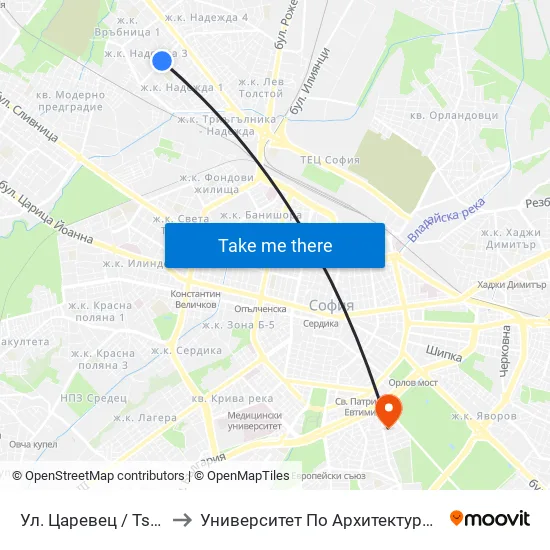 Ул. Царевец / Tsarevets St. (6217) to Университет По Архитектура, Строителство И Геодезия map