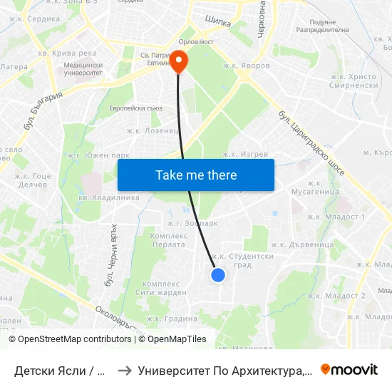 Детски Ясли / Nurseries (0533) to Университет По Архитектура, Строителство И Геодезия map