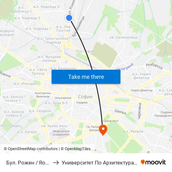 Бул. Рожен / Rozhen Blvd. (0547) to Университет По Архитектура, Строителство И Геодезия map