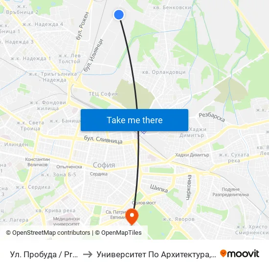 Ул. Пробуда / Probuda St. (2139) to Университет По Архитектура, Строителство И Геодезия map