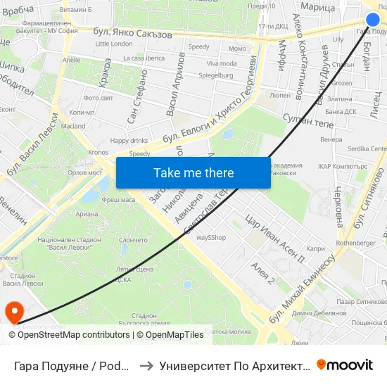 Гара Подуяне / Poduyane Train Station (0471) to Университет По Архитектура, Строителство И Геодезия map