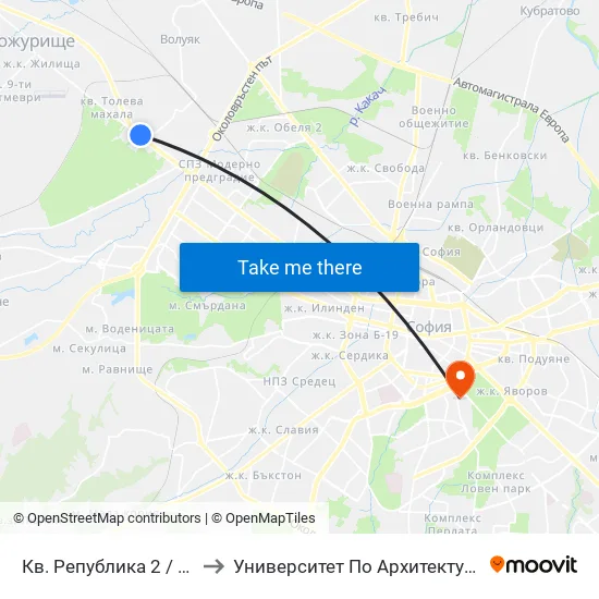 Кв. Република 2 / Republika 2 Qr (2527) to Университет По Архитектура, Строителство И Геодезия map