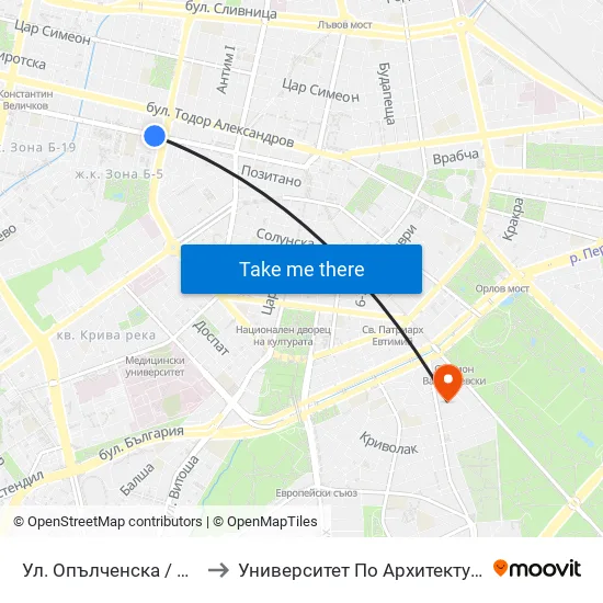 Ул. Опълченска / Opalchenska St. (2084) to Университет По Архитектура, Строителство И Геодезия map