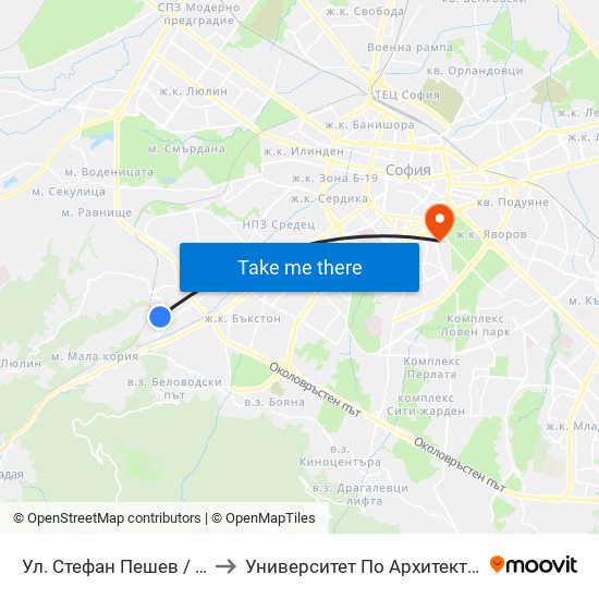 Ул. Стефан Пешев / Stefan Geshev St. (2193) to Университет По Архитектура, Строителство И Геодезия map