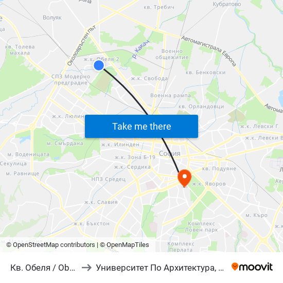 Кв. Обеля / Obelya Qr. (0872) to Университет По Архитектура, Строителство И Геодезия map